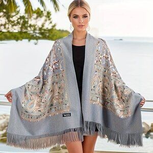 Embroidered Cashmere shawl wrap for women - Gray - Gift for her 🎄🎁